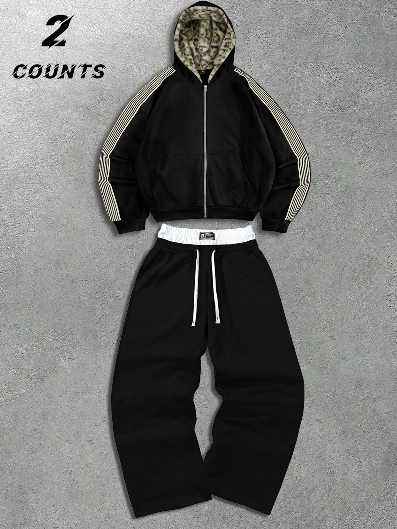 Unisex Heather Gray Two-Piece Tracksuit Set: Full-zip Hooded Jacket + Wide-Leg Sweatpants Set, Athleisure Tracksuit. The hood features leopard-print lining, and the sleeves are decorated with multi-stripe details. The jacket has a front kangaroo pock