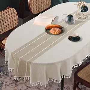 Solid Embroidery Oval Tablecloth with Tassels for Oval Table, 60 x 84 Inch Lace Dust-Proof Table Cover for Kitchen Dinning, Wrinkle Free Anti-Fading Tabletop Decoration