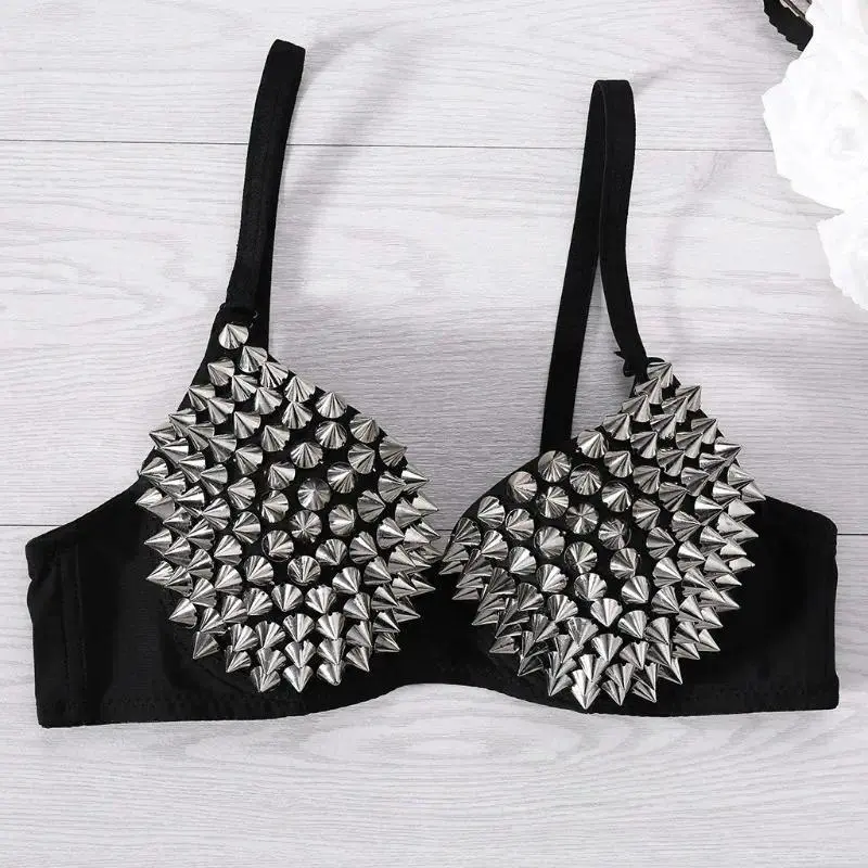 Women's Wireless Steampunk Sports Bra Top - Studded Spike Detail Crop Top, Gothic Punk Alt Clothing for Women, Goth Clothes, Cosplay, Festival Wear