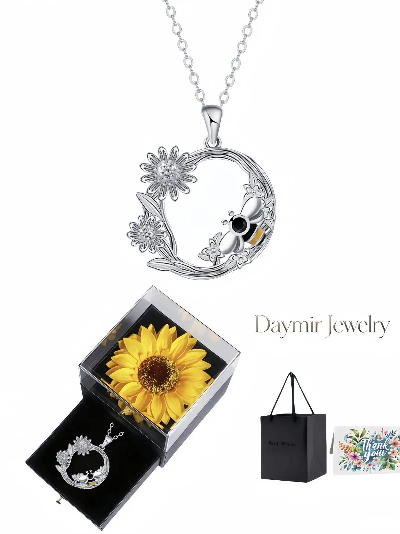 Bee Flower Moon Diamond Chain Necklace, fresh minimalist pendant with little bee and floral round gems. Packaged in preserved sunflower jewelry box, a lovely gift for birthdays, Mother’s Day, Valentine’s Day and Christmas.