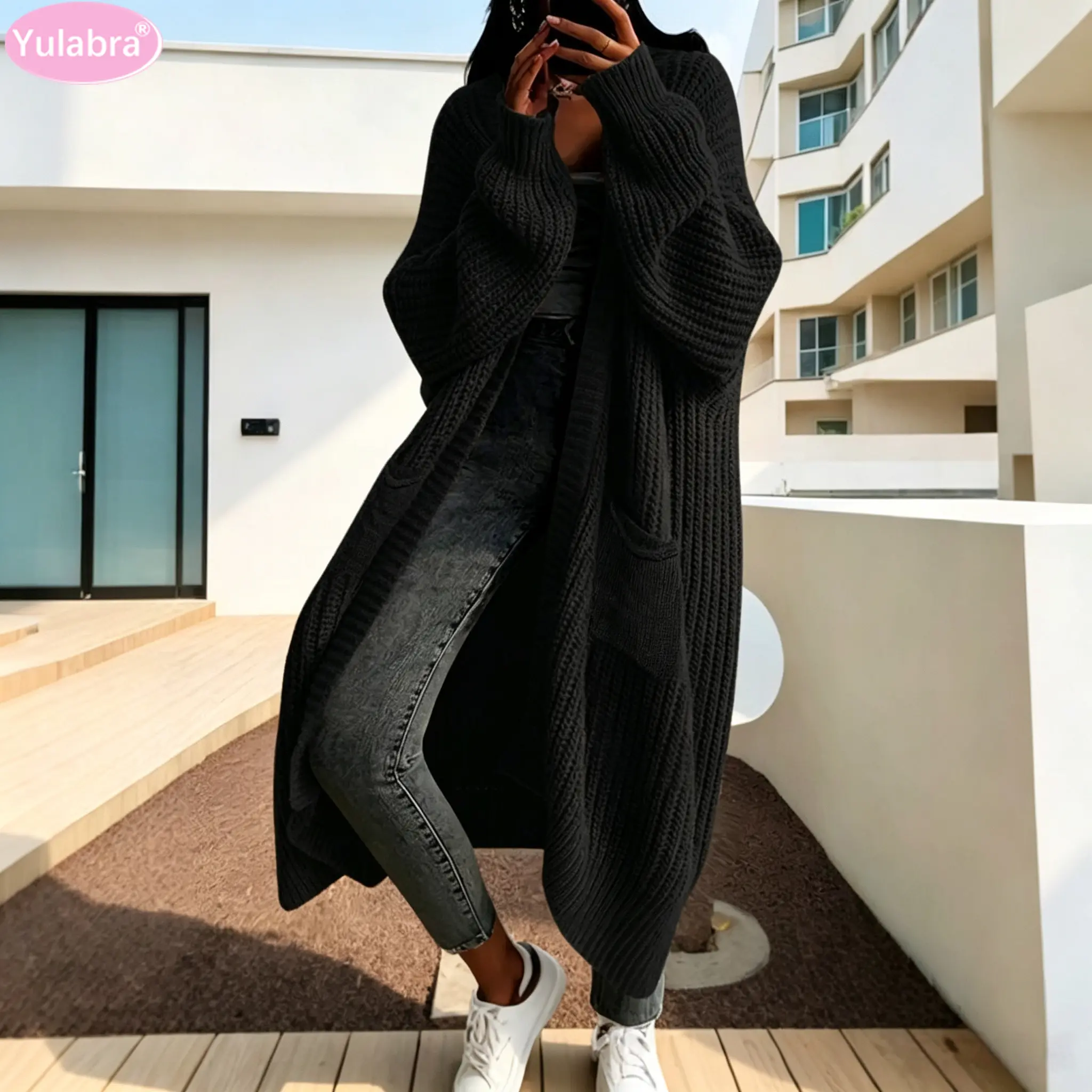 Yulabra Women Open Front Long Maxi Chunky Knit Cardigan Oversized Puff Sleeve Pocket Fall Sweater CoatSolid Color Longline Chunky Knit Open Cardigan Oversized Casual Daily Wear Ladies Sweater Outerwear