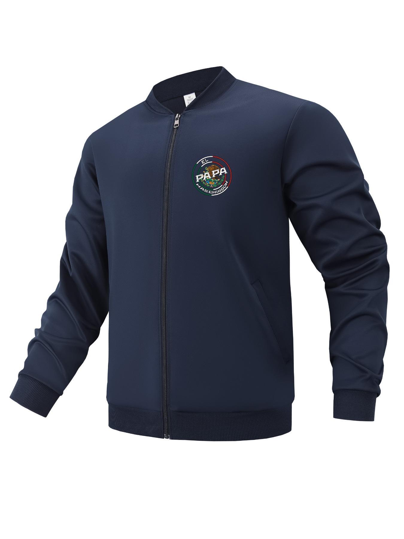 Men's Mexico Flag Print Bomber Zipper Jacket, Regular Fitted Casual Letter Print Long Sleeve Baseball Collar Outerwear for Spring & Fall, Baseball Jacket, Fashion Men's Clothes for Daily Wear, Men's Clothing