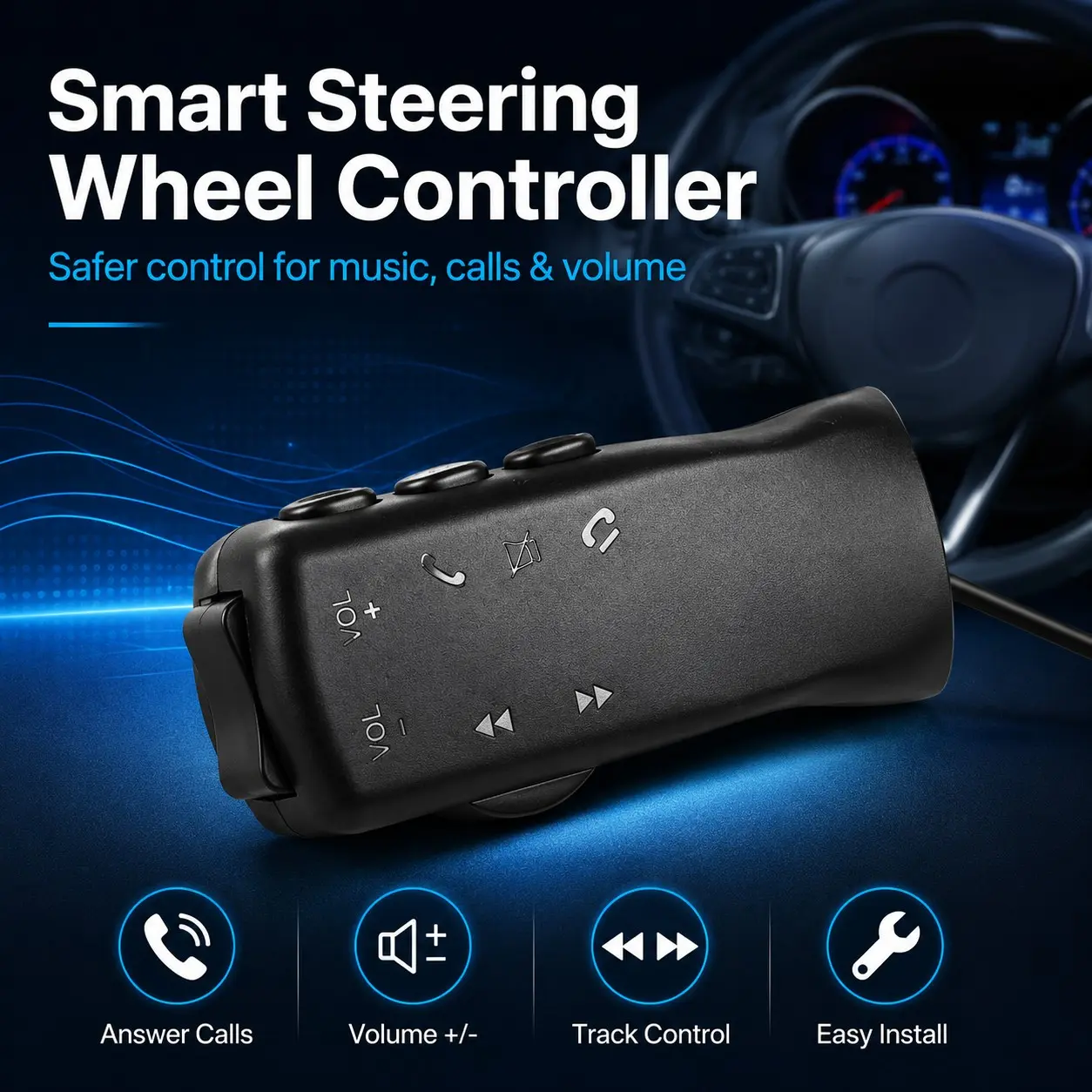 Universal Steering Wheel Remote Controller for Car Audio, Bluetooth-compatible Music & Hands-Free Calling, Easy Install for Older Vehicles