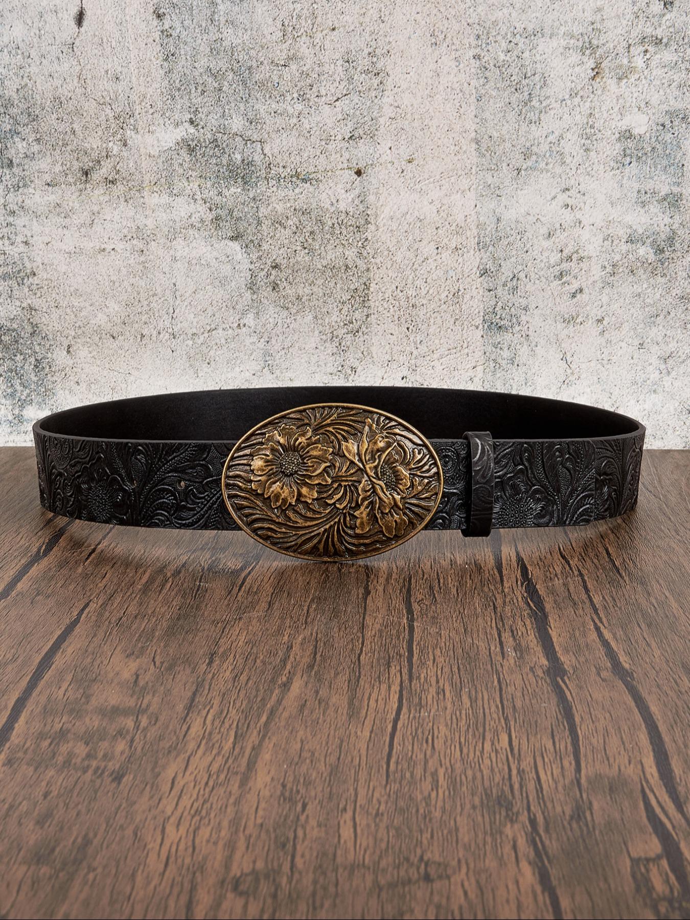 Women's Vintage Flower Embossed PU Buckle Belt, Fashion Belts, Western Style Belt for Daily Clothing Decor, Trendy All-match & Exquisite Belt for Birthday Gift, Cowboy Belt, Cowgirl Belt