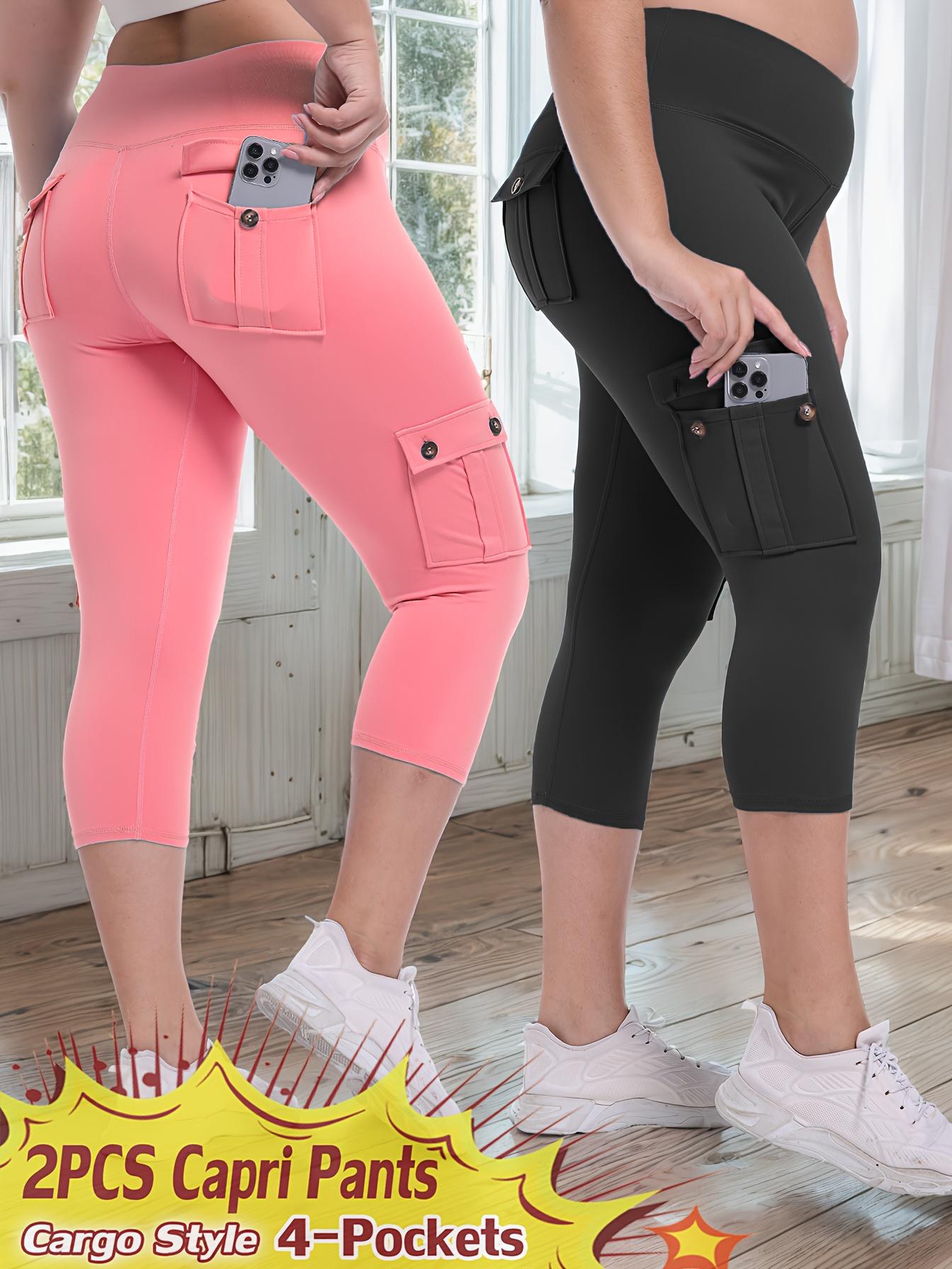 [2pcs High Waist Yoga Pants] JEGGE 2pcs High Waist Yoga Capri Pants Set, 4-Way Stretch Butt Lifting Tummy Control, Spandex Material, 4 Button Pockets, Solid Color, Three-Quarter Length, Sports Style for Workout Running, Spring/Summer Collection, Workout L