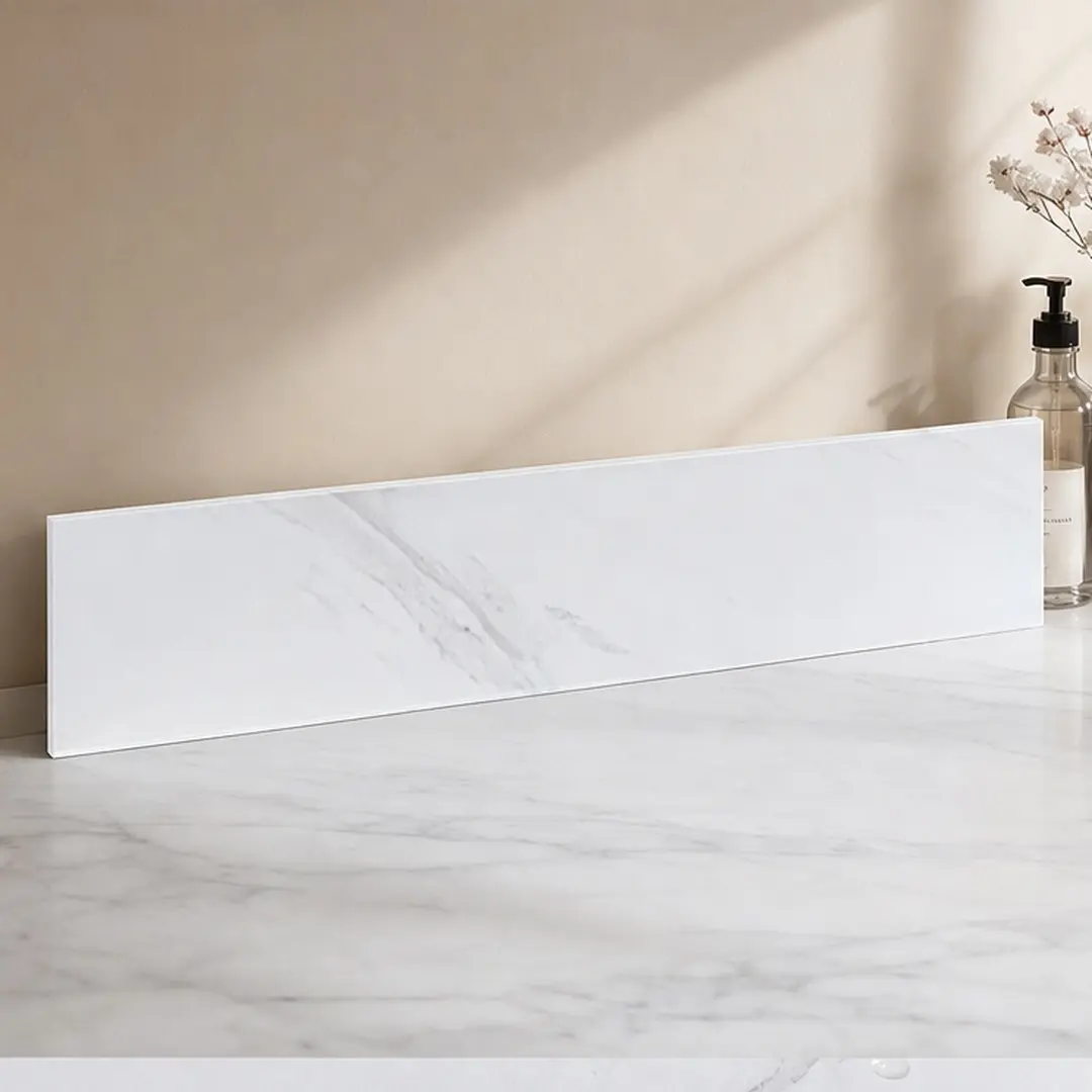 ARCH 22-in Sintered Stone Bathroom Vanity Side Splash with 4-in Backsplash, White Bianco Carrara Venato Marble Look, Non-Porous Stain-Resistant Modern Bathroom Fixture Accessory for Vanity Tops & Countertops, Modern Bathroom Fixture Accessories