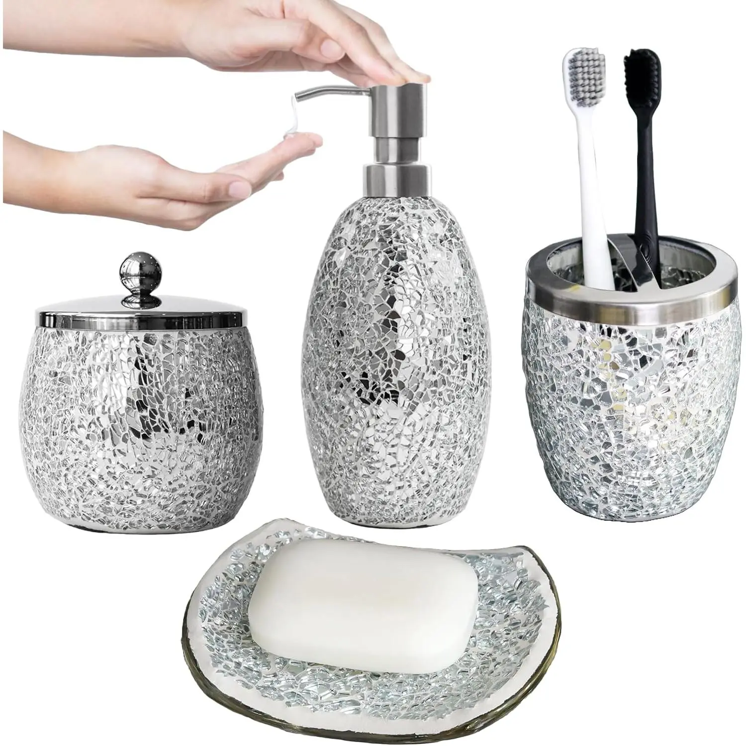 Bathroom Accessories Set 4 count | Handcrafted Mosaic Glass Soap Dispenser,  Holder,  Jar, Soap Tray | Luxury  Glitter Bathroom Decor | Glam