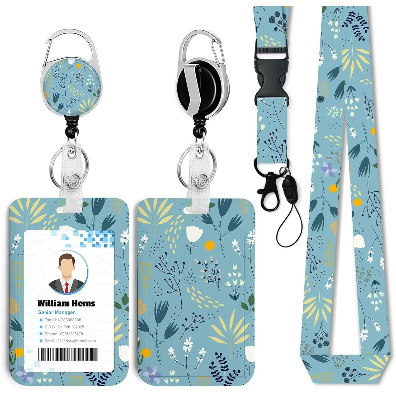 Flower ID Badge Holder with Lanyard & Heavy Duty Retractable Reel Blue | Durable material,Breakaway Lanyard,360° Rotating Carabiner, ,Thickened retractable cord, occupations