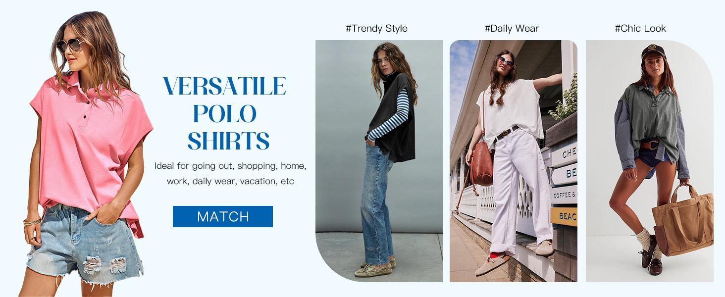 Imily Bela Womens Oversized Cap Sleeve Polo Shirts Summer Casual V Neck Tops Loose Fit Collared Cotton Tee Shirts