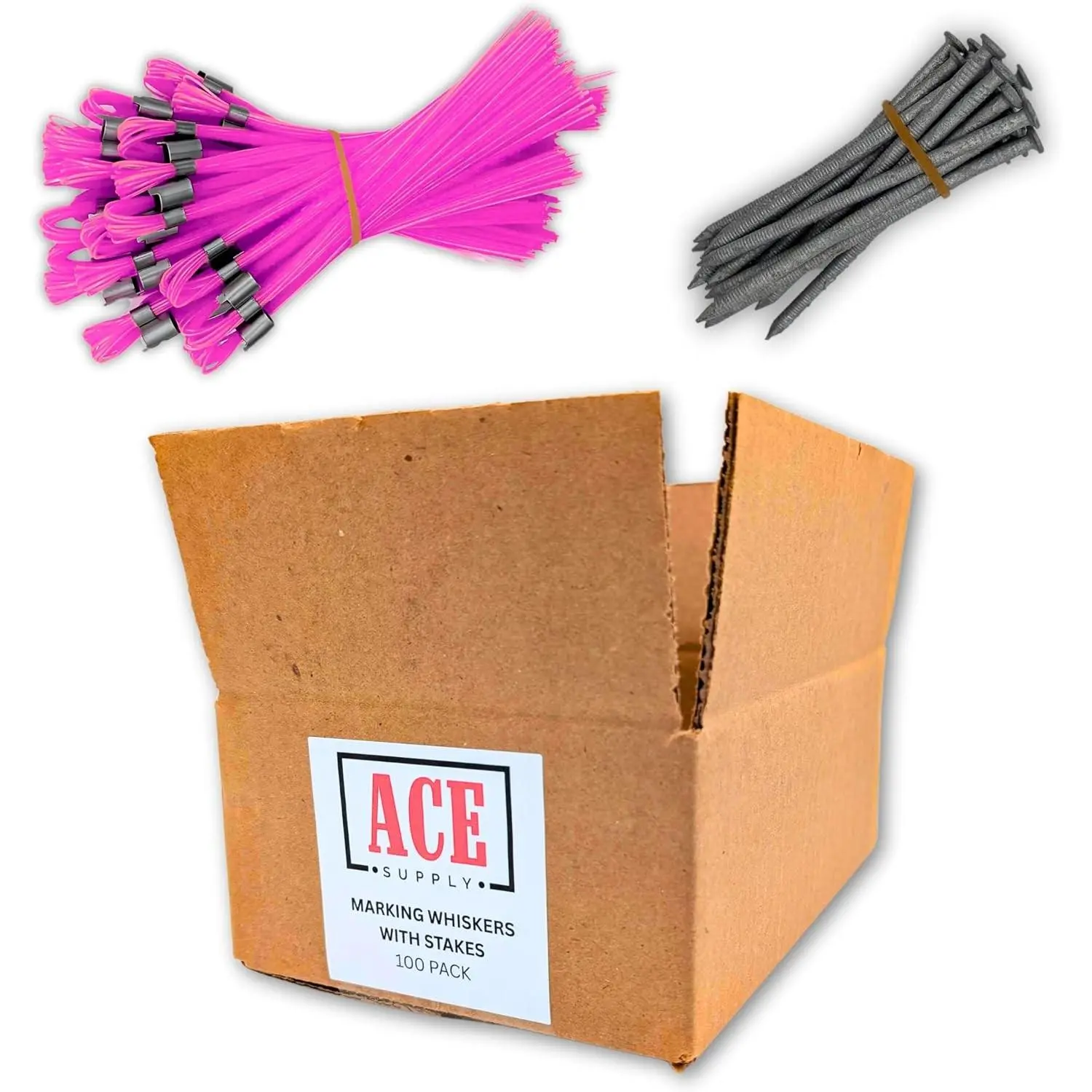 Pink Marking Whiskers with Stakes - Pack of 100 - Durable Marking Whisker Set - Use Survey Whiskers As Ground Markers, Construction Markers, Or Trail Markers