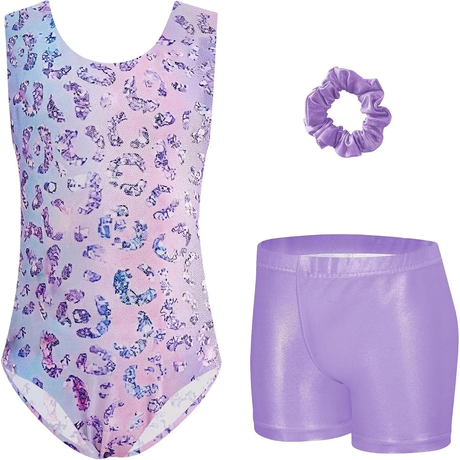 Gymnastics Leotards for Girls Sparkly Sleeveless Dance Unitards Biketards with Gym Shorts