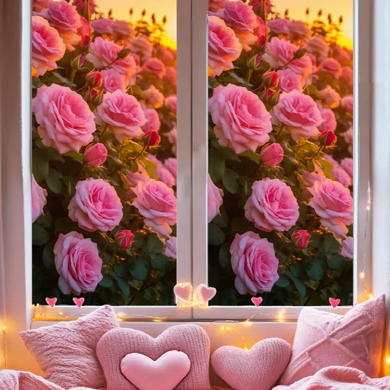 Sunset Pink Rose Garden Window View Static Window Film Removable Non Adhesive Floral Glass Sticker Privacy Decorative Window Decal Bedroom Home Aesthetic Decor