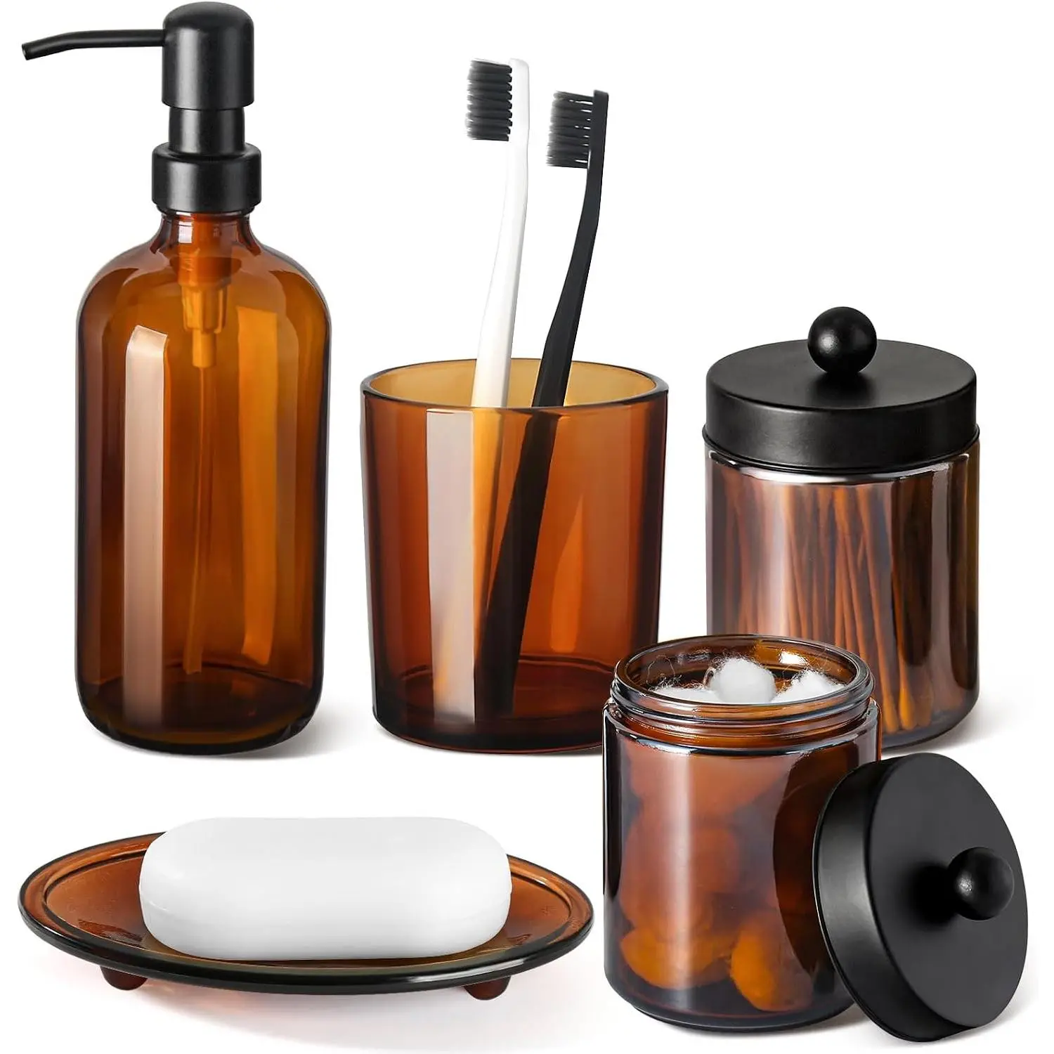 Bathroom Accessories Set, 5 Pack Amber Glass Bath Accessory Sets Complete, Brown Soap Dispenser and Toothbrush Holder Bathroom Counter Sink Set with Labels, Rustic Modern Vintage Bathroom Decor