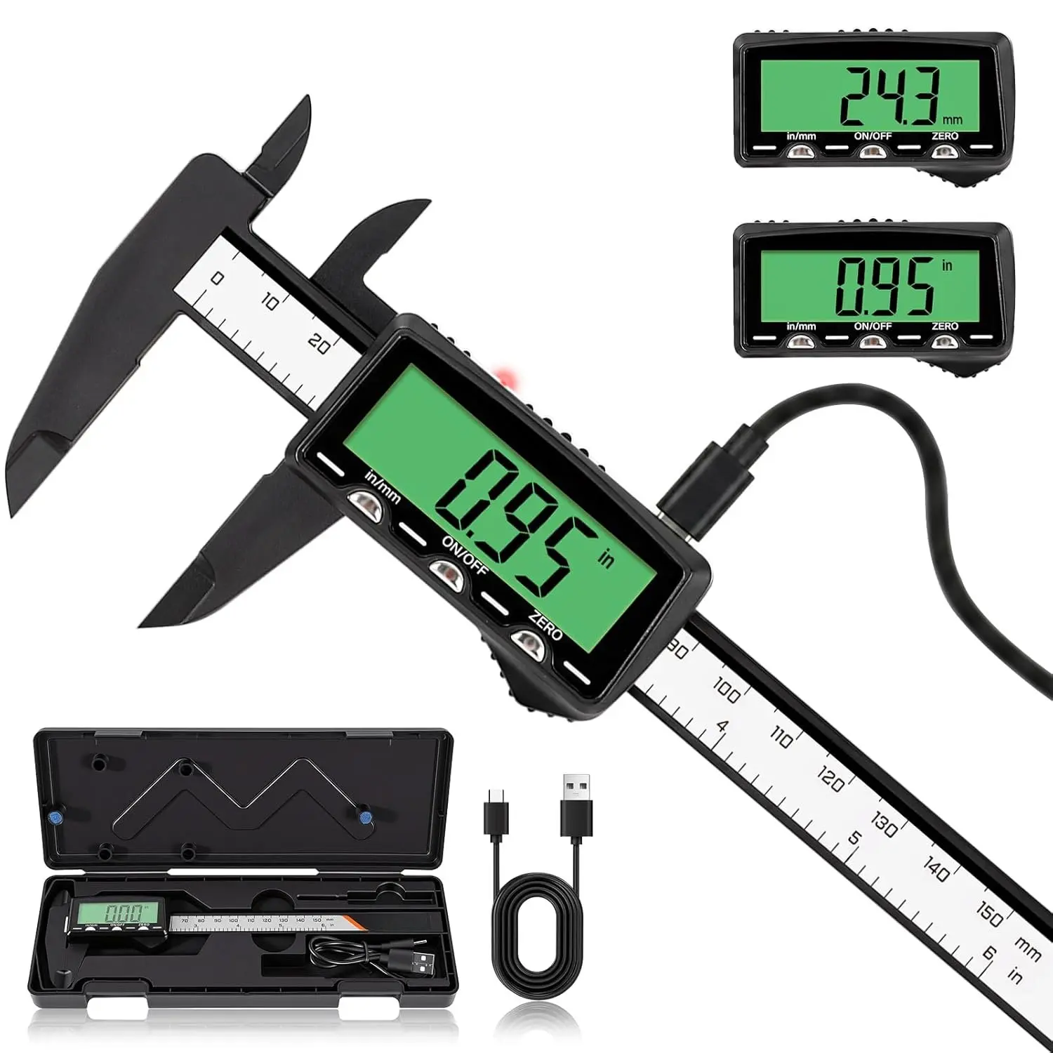 Rechargeable Digital Caliper 6", Plastic Calipers with High-Contrast Green Screen (Non-Backlight), Inch/MM, Auto-Off - Everyday Measuring Tool for Woodworking, DIY,  Making & Household