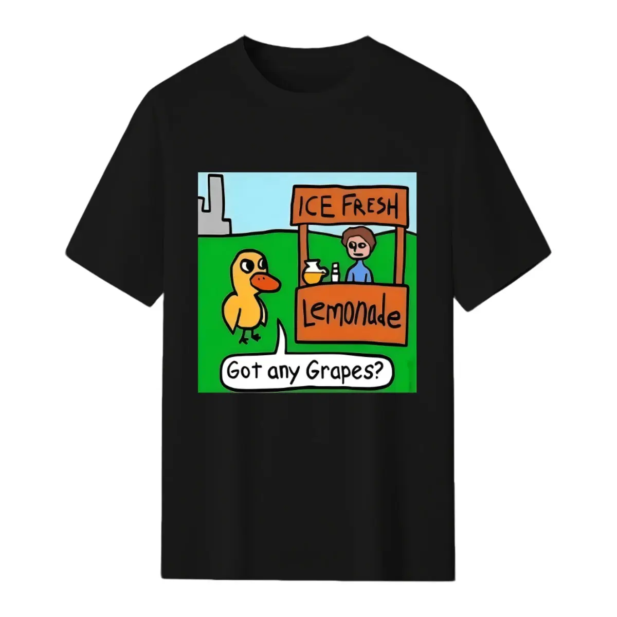 Stylish Short-Sleeve Duck Graphic T-Shirt, Casual Classic Top Tee with Ice Fresh Lemonade & Grapes Humorous Design for Sports & Outdoor Activities, Shortsleeve, Funny Graphic Tee