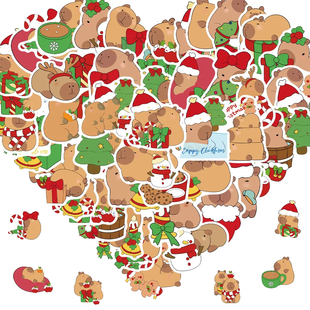 50pcs Christmas Capybara Stickers Vinyl Waterproof Aesthetic Cute Cartoon Animals Decals Stickers for Laptop, Water Bottles, Skatebo