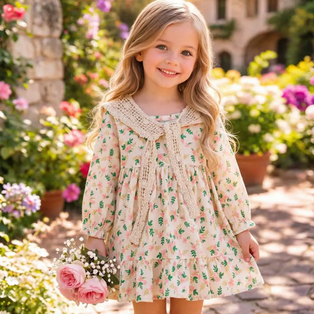 2Pcs Kids Autumn Outfit, Floral O-Neck Long Sleeves Loose Dress + Removable Capelet for Girls, 6 Months to 3 Years,Suitable for Spring And Autumn