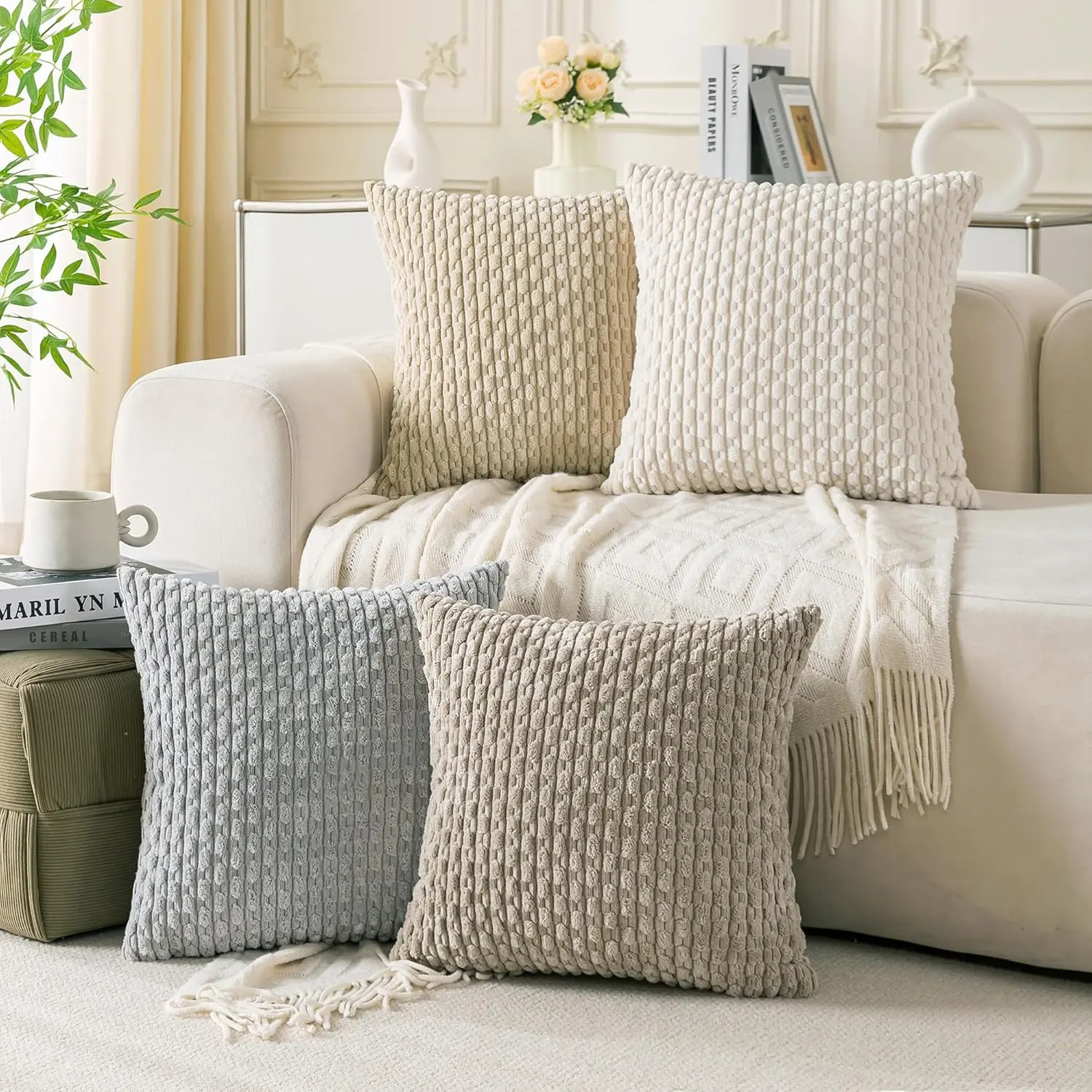 Neutral Corduroy Throw Pillow Covers, 18x18 in (Pack of 4) - Soft Square Cushion Cases & Cushion Slipcovers for Bed, Couch Home Supplies, 18 X 18 (Pack Of 4)