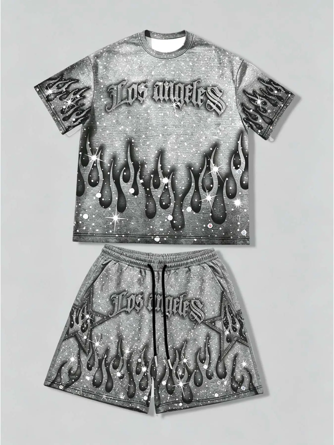 Men's 2-Piece Washed Black Outfit - Menswear Oversized Rhinestone Flame Graphic Print Los Angeles Letter T-Shirt & Shorts Set, Matching, Y2K Streetwear Vibe, Summer Casual Hip Hop Festival Outfit