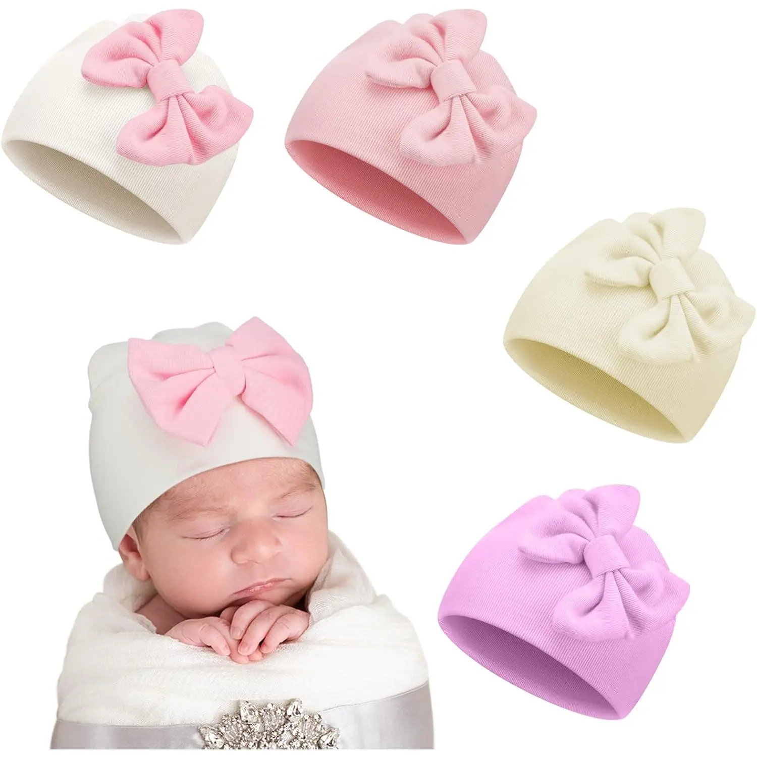 4 Pcs Preemie Hats Baby Bow Cap Warm Cotton Hospital Premature Baby Beanie  Premature Boy Girl Newborn Infant