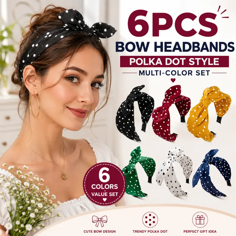 6 Pieces Assorted Polka Dot Bow Headbands Multipack, Classic Dot Pattern Cute Bow Knot Wide Hair Wraps, Versatile Trendy Hair Accessories For Daily Matching, Dating, Party And Holiday Gift Giving