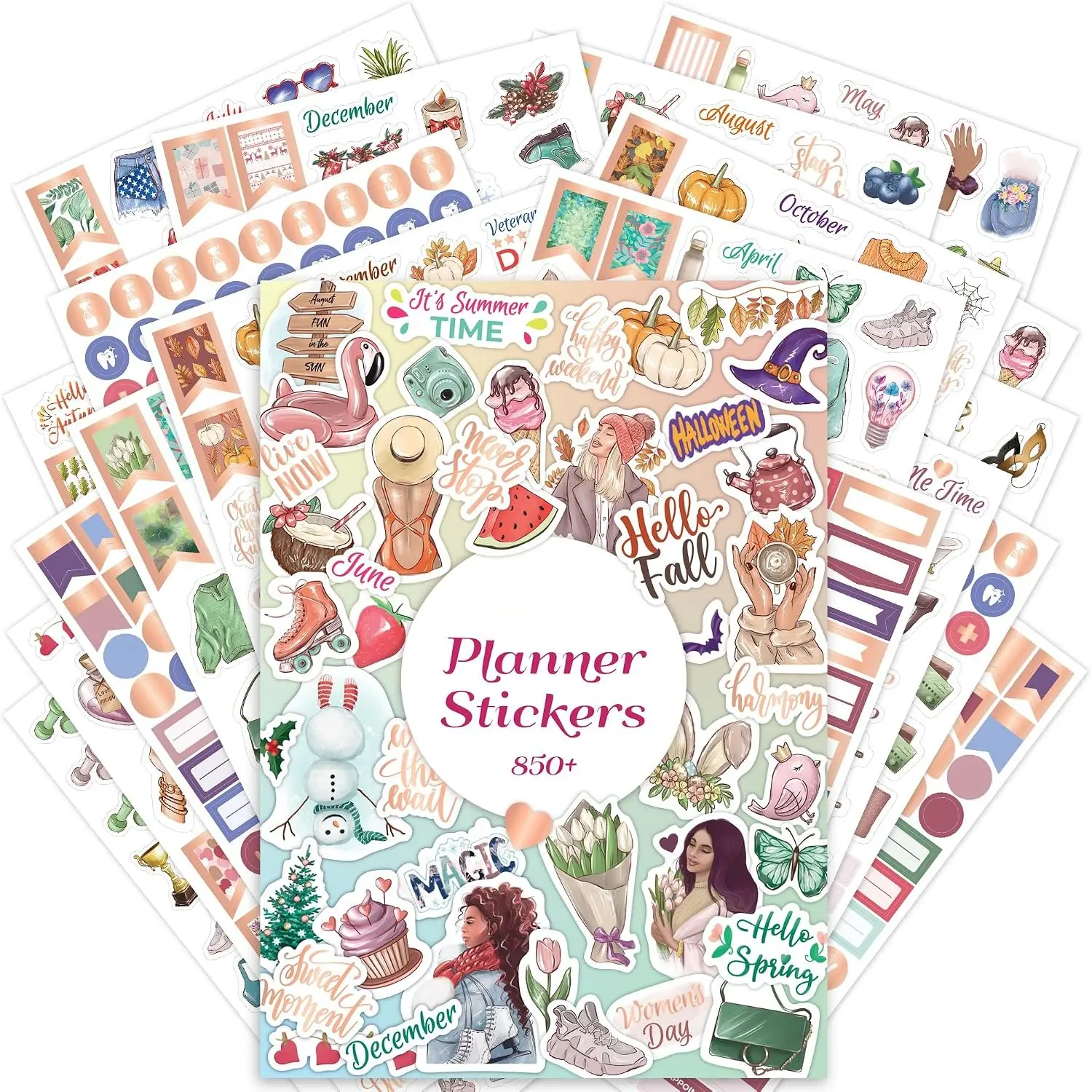 Value Sticker Pack – 850+ Small Aesthetic Stickers for Planner, Journal & Calendar – Holidays, Seasonal Stickers, Inspirational Quotes, to-dos, Appointments, Budgeting & Text Boxes – 19 Sheets