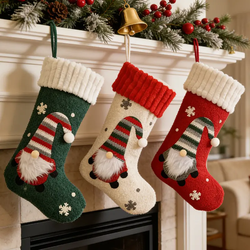 Cream Large Gnome Christmas Stocking - Plush Knitted Cuff Xmas Sock with 3D Faceless Dwarf Santa Design, Snowflake Tree Ornaments for Fireplace Hanging Holiday Decoration Gift Bag
