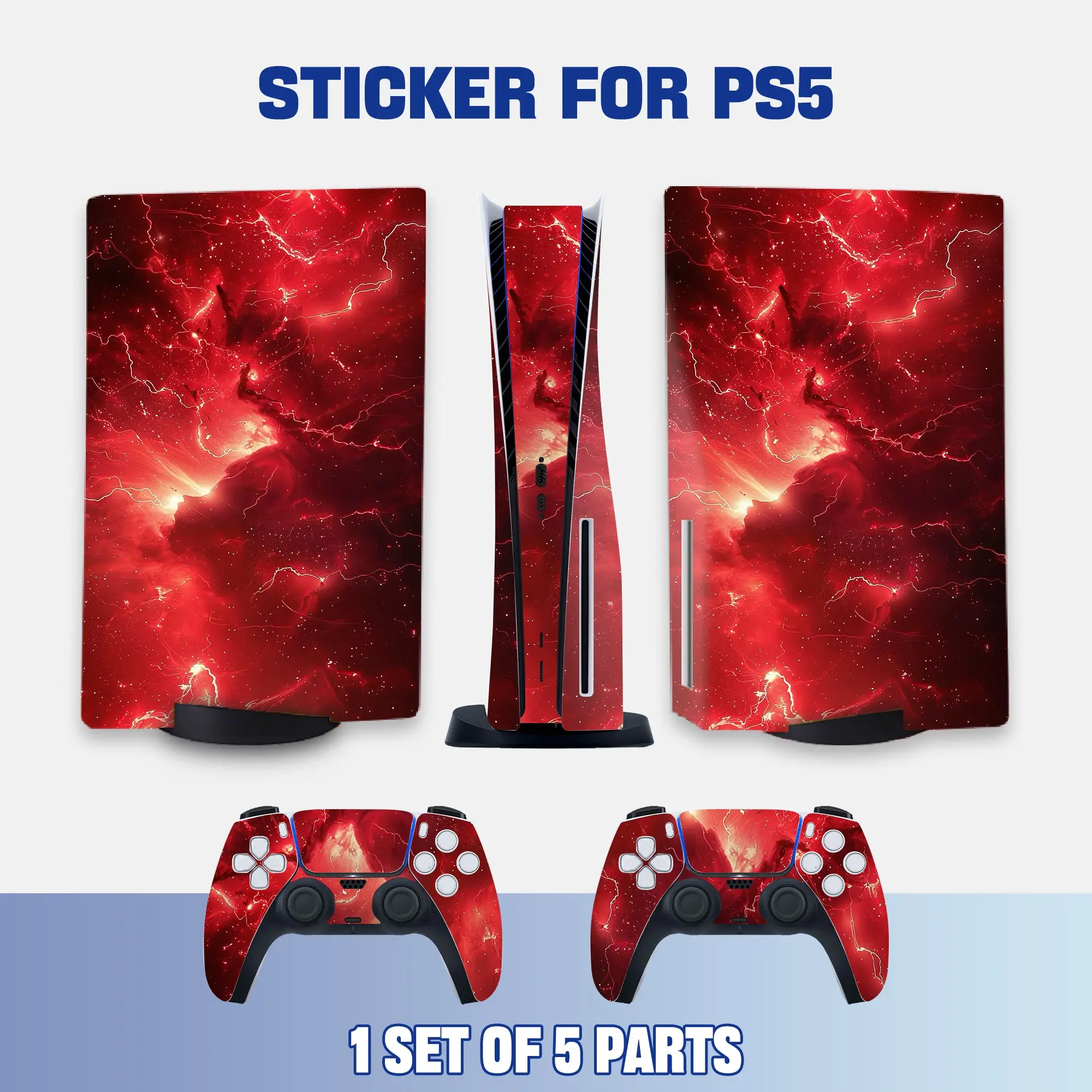 Fiery Red Cosmic Storm Art PS5 Disc Edition Skin Decal | Full Set for Console + Controllers, Waterproof, Anti-Scratch, Dustproof, Removable Without Residue