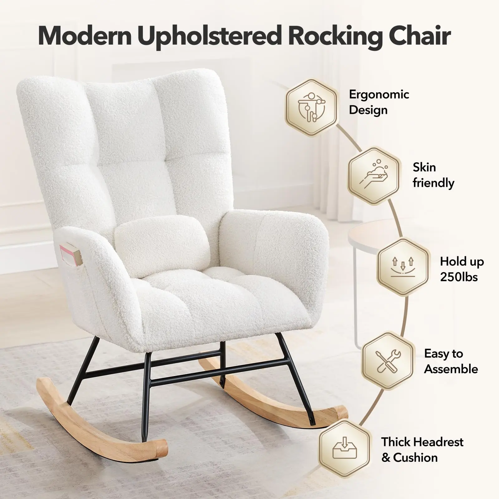 Set of 2 White Modern Upholstered Rocking Glider Chairs, Rocking Chair,High Backrest Padded Seat Recliner Accent Chair, Cozy Reading Chair for Bedroom Living Room birthing chair