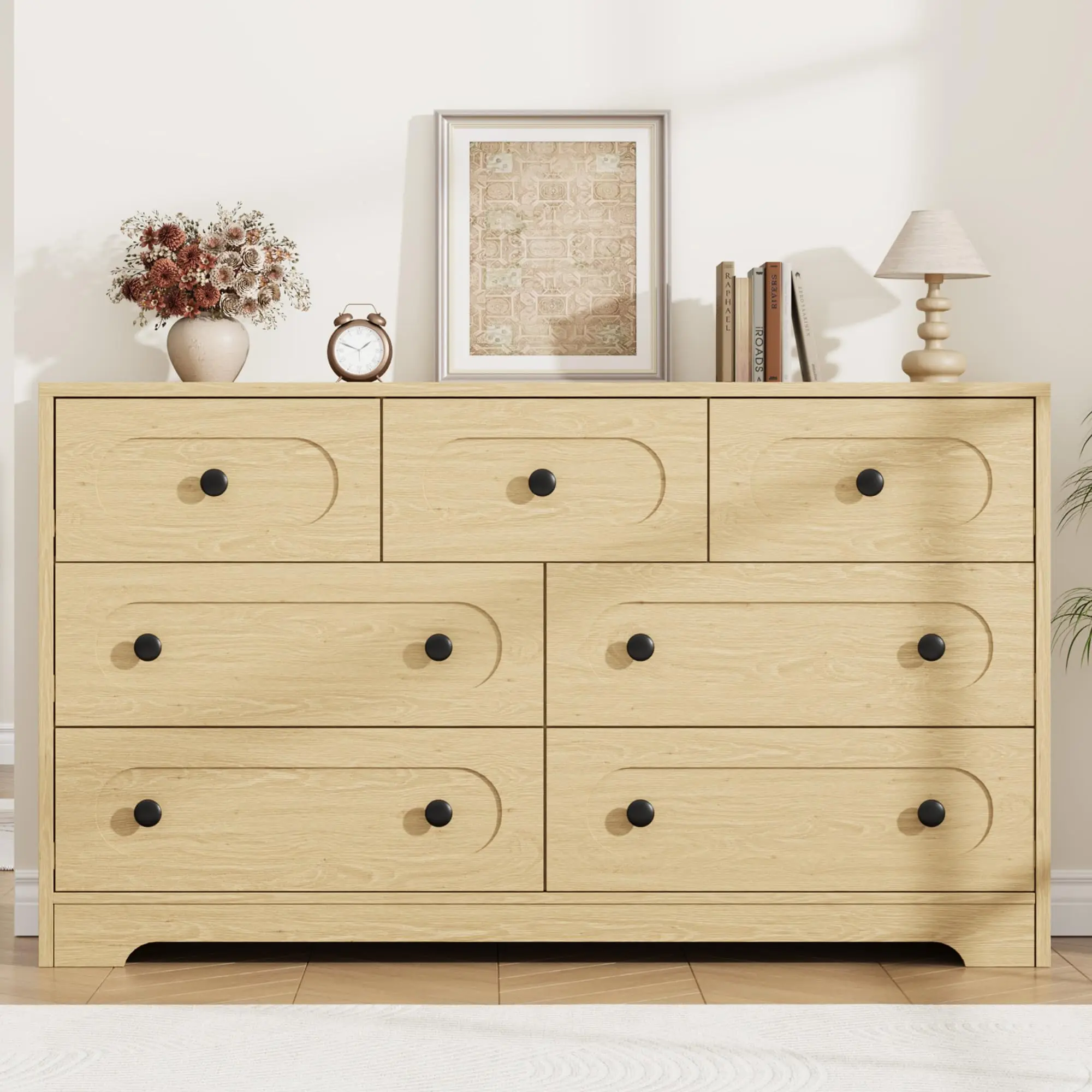 Spacious Mid Century Modern Dresser, 55 Inch Wide Wooden Chest with 7 Deep Drawers & Metal Knobs, Vintage Storage Cabinet for Bedroom, Living Room, Nursery