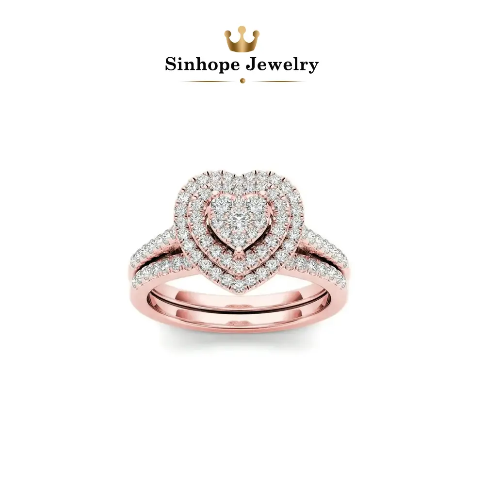 Rose Gold Heart Shape Cubic Zirconia Ring Set for Women, Double Band Halo Paved CZ Stackable Engagement Promise Wedding Ring, Dainty Romantic Love Jewelry, Ideal Gift for Valentine’s Day, Birthday and Anniversary for Her