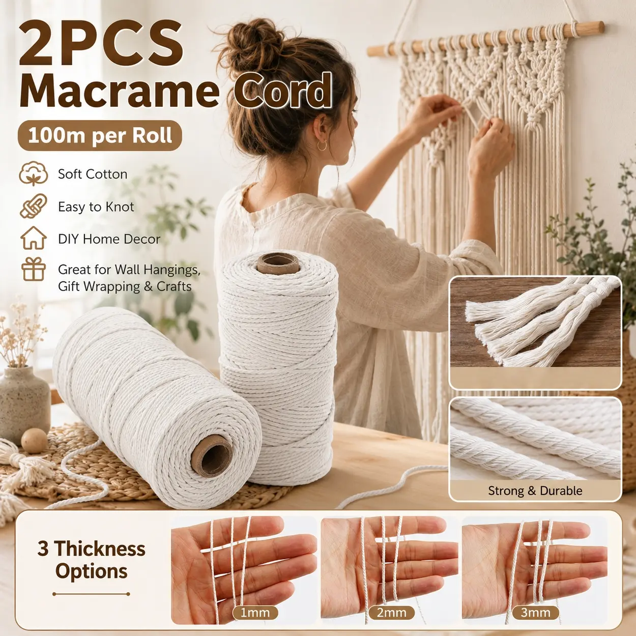 2pcs 100m White Macrame Rope for DIY Crafts, 1mm 2mm 3mm Twisted Craft String for Wall Hanging, Plant Hangers, Tapestry, Weaving, Knotting, Crochet, Dream Catchers, Gift Wrapping, Boho Home Decor, Handmade Projects and Creative Craft Supplies