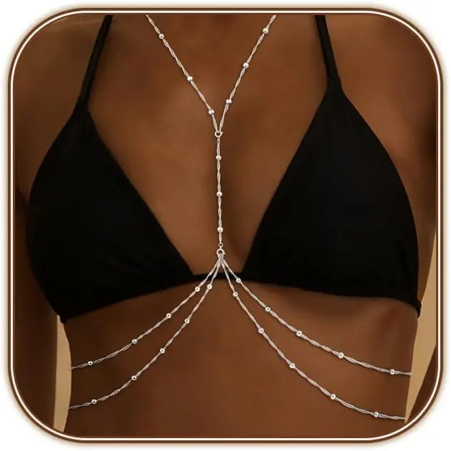 HERIER 14K Gold Plated Body Chains for Women, Sexy Layered Belly Waist Chain Crossover Bikini Bra Body Jewelry, Summer Beach Rhinestone Crystal Beads Jewelry Accessories for Women