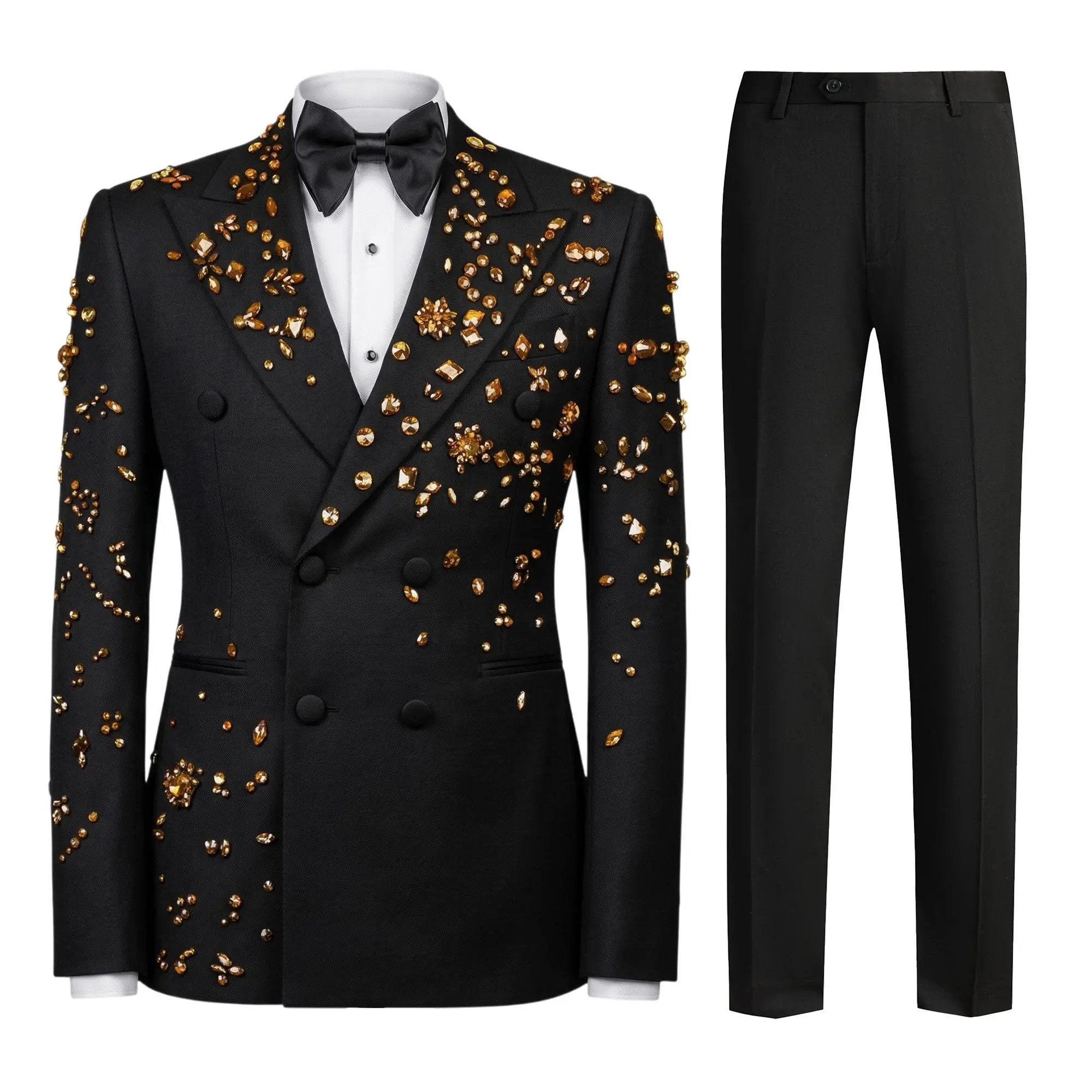 Men's Premium Slim-Fit Double-Breasted Printed 2pcs Suit Set - Smooth Long-Sleeve Blazer, Fashion Formal Wear for High-End Evening Celebrations, Graduation, Menswear, Matching, Personalized, Classic, Trouser, Stylish, Soft, Breathable, Peak Lapel, All Ove