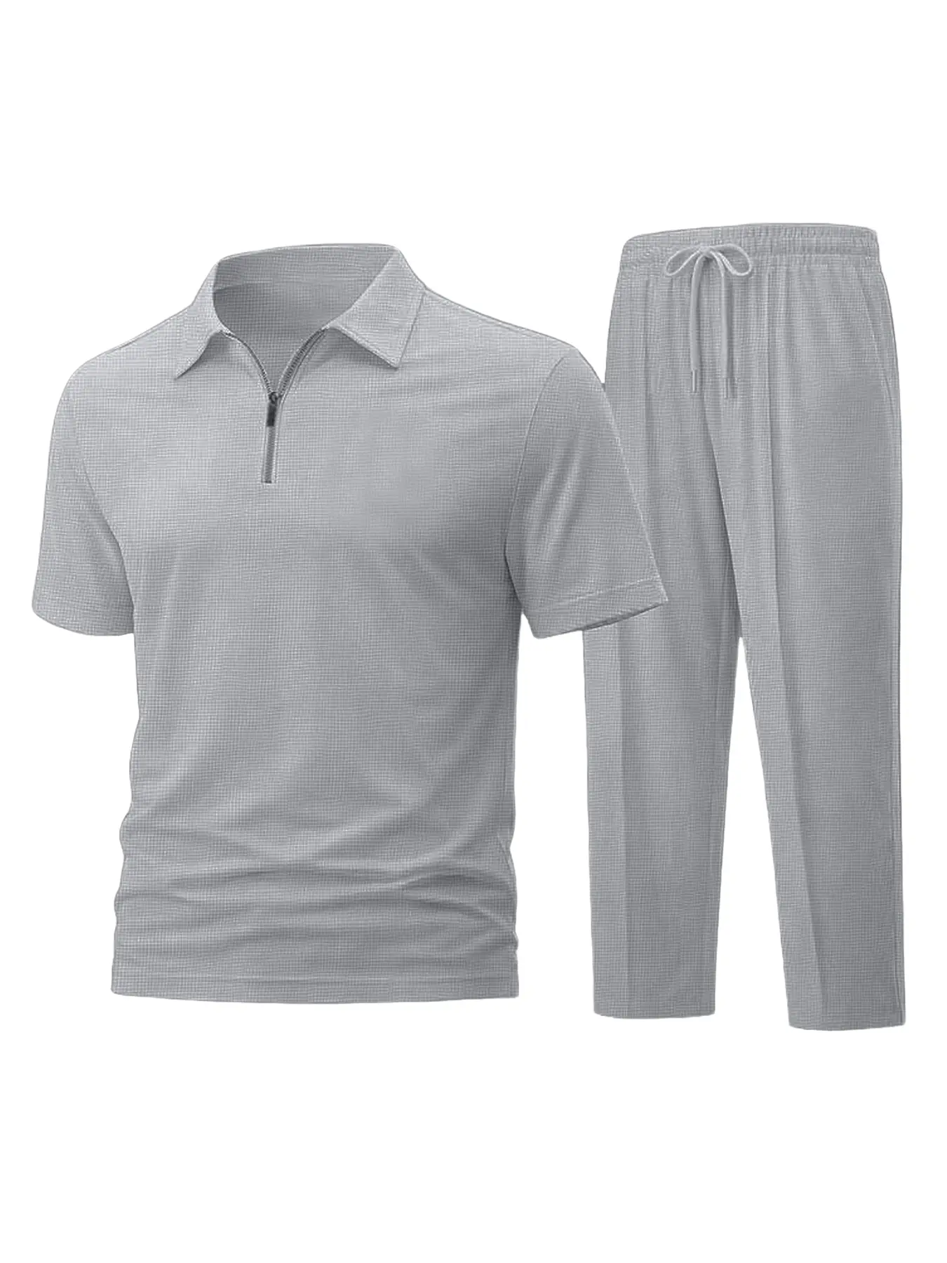 Men's Two-Piece Golf Sportswear Set, Waffle Texture Zipper Collar Polo Shirt with Matching Athletic Pants, Casual Spring & Fall Wear, Athletic Sets, Sports Clothing Set, Sporty Casual Wear