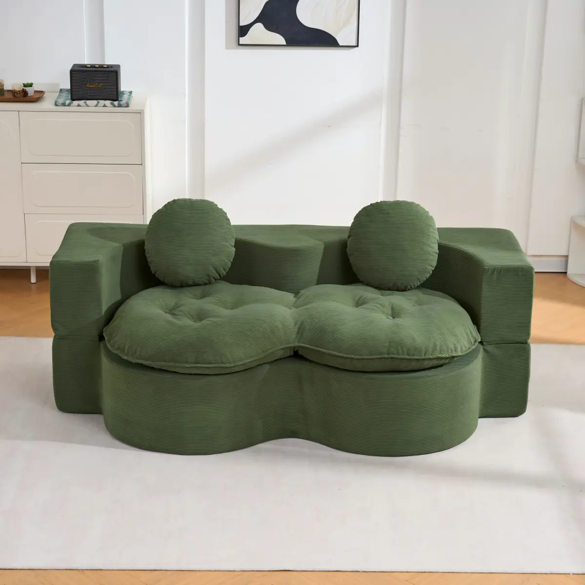 [Bellemave] Wave Shaped Corduroy Futon Sofa Bed with 2 Pillows, Foldable 2-Seater Guest Sleeper Loveseat for Small Apartment