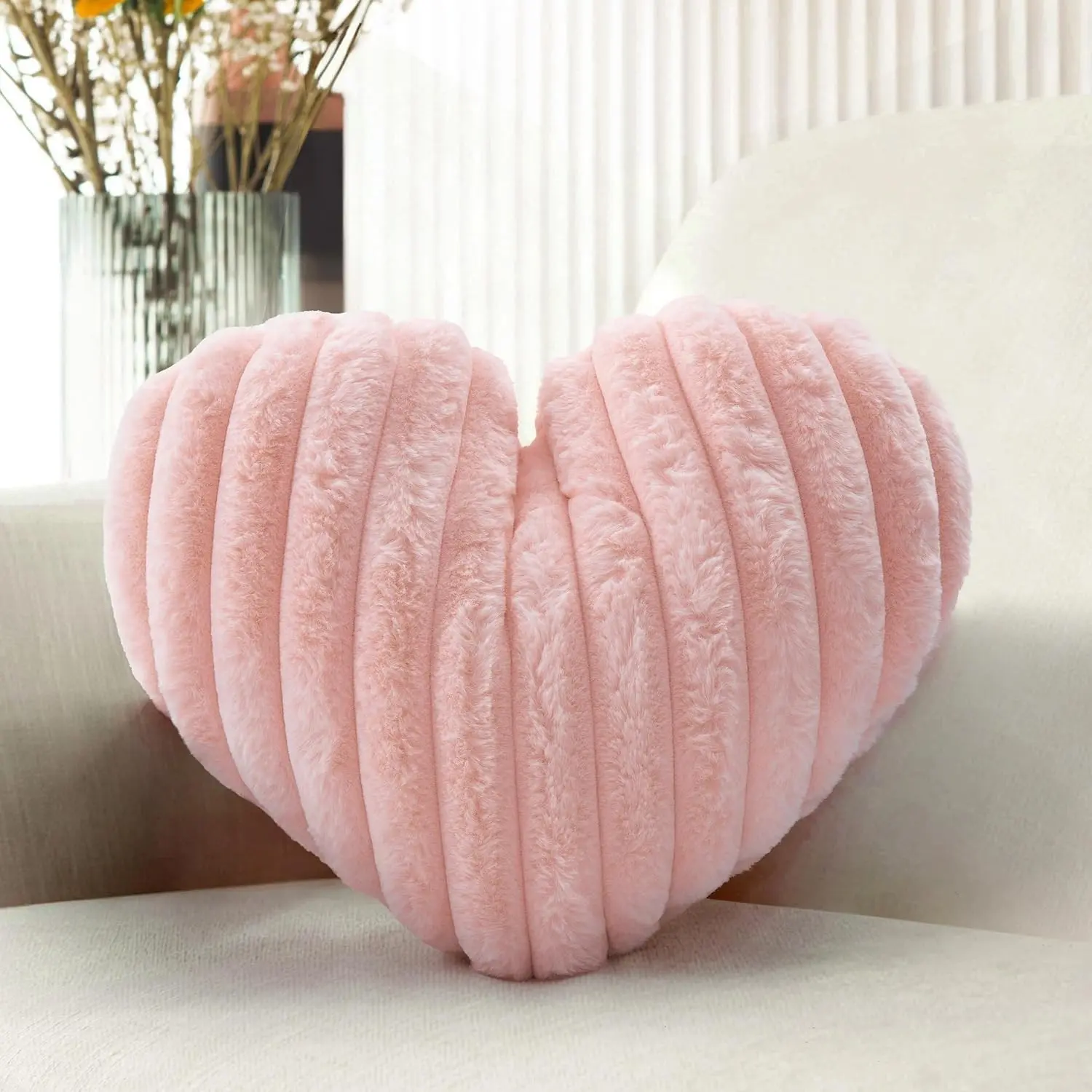 16 Inch Pink Heart Pillow Cute Fluffy Decorative Throw Pillows for Bed