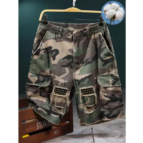 Men's High-Cotton Camouflage Cargo Shorts - Distressed Ripped Tactical Bottoms with Pockets, Baggy Loose-Fitting, Casual Street Summer Wear, Urban Utility Design (Order 1 Size Up for Loose Style)
