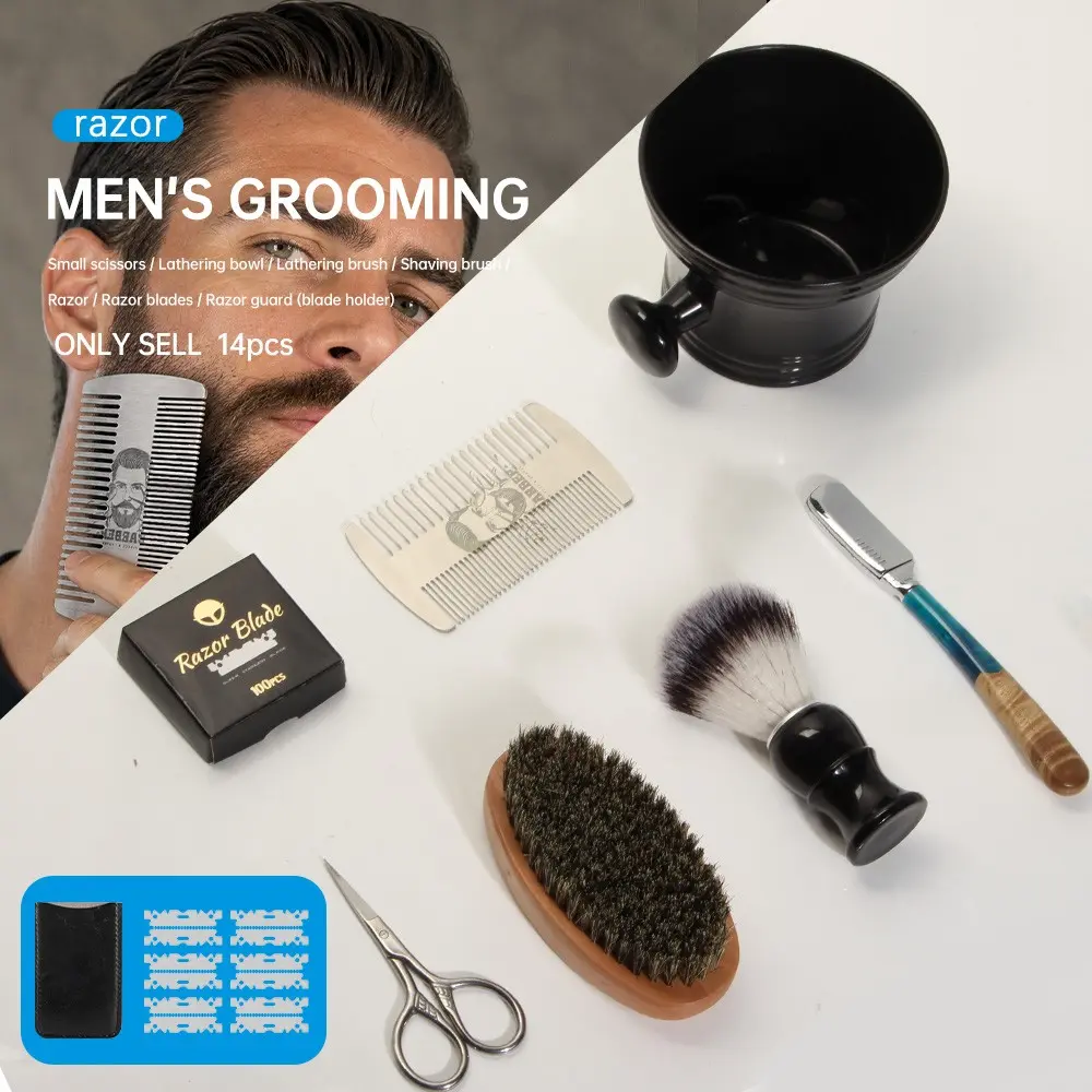 14-Piece Vintage Men's Beard Shaving Grooming Kit, Professional Barber Straight Razor Set, Includes Foaming Bowl, Brush, Comb, Scissors, Blades