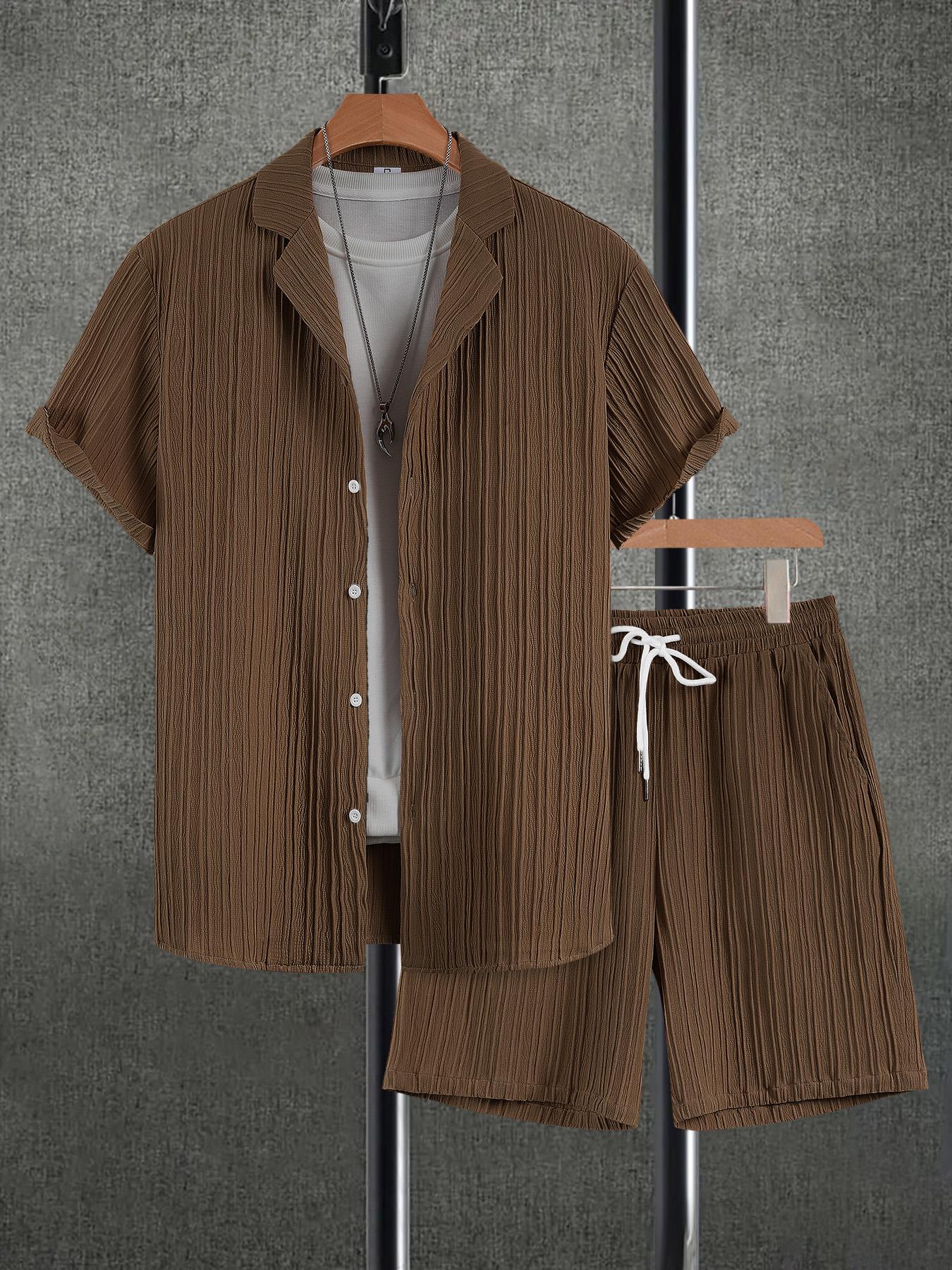 Men's Solid Short Sleeve Top & Shorts Set, Regular Fit Casual Top & Shorts, Men's Summer Clothes, Menswear, Tropical