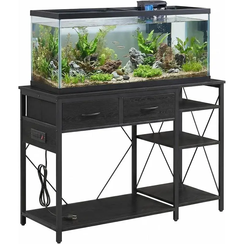 55-75 Gallon Fish Tank Stand with Power Outlet, 49.2 x 17.7 in Top, 3-Tier Storage for Aquariums & Reptile Terrariums, Heavy Duty, Black