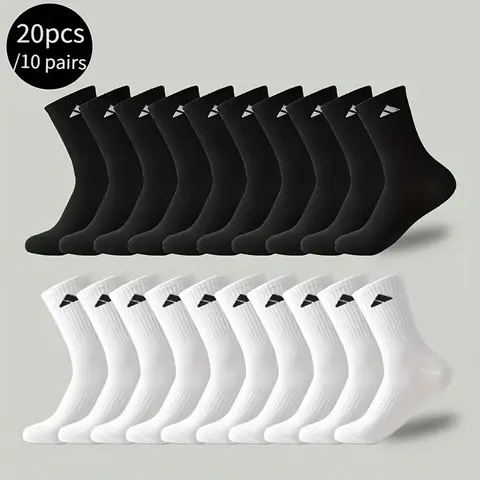 Male Plain Athletic Sports Socks Pack - 10 Pairs/20 Pcs Solid-Color Cotton Knit, Breathable, Comfortable, Cold Wash & Machine Washable, All Seasons for Fitness, Outdoor Hiking, Adults' Daily Casual Wear