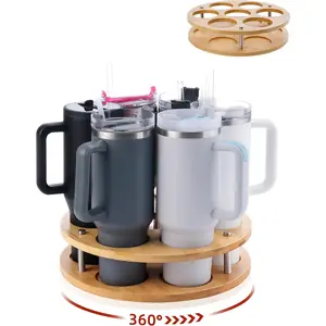 Rotating wooden cup holder, suitable for 30-ounce and 40-ounce rotatable cups, 360-degree rotation° Rotatable 7-cup large-capacity bottle and jar storage display rack, rotating syrup organizer, suitable for cabinet countertops