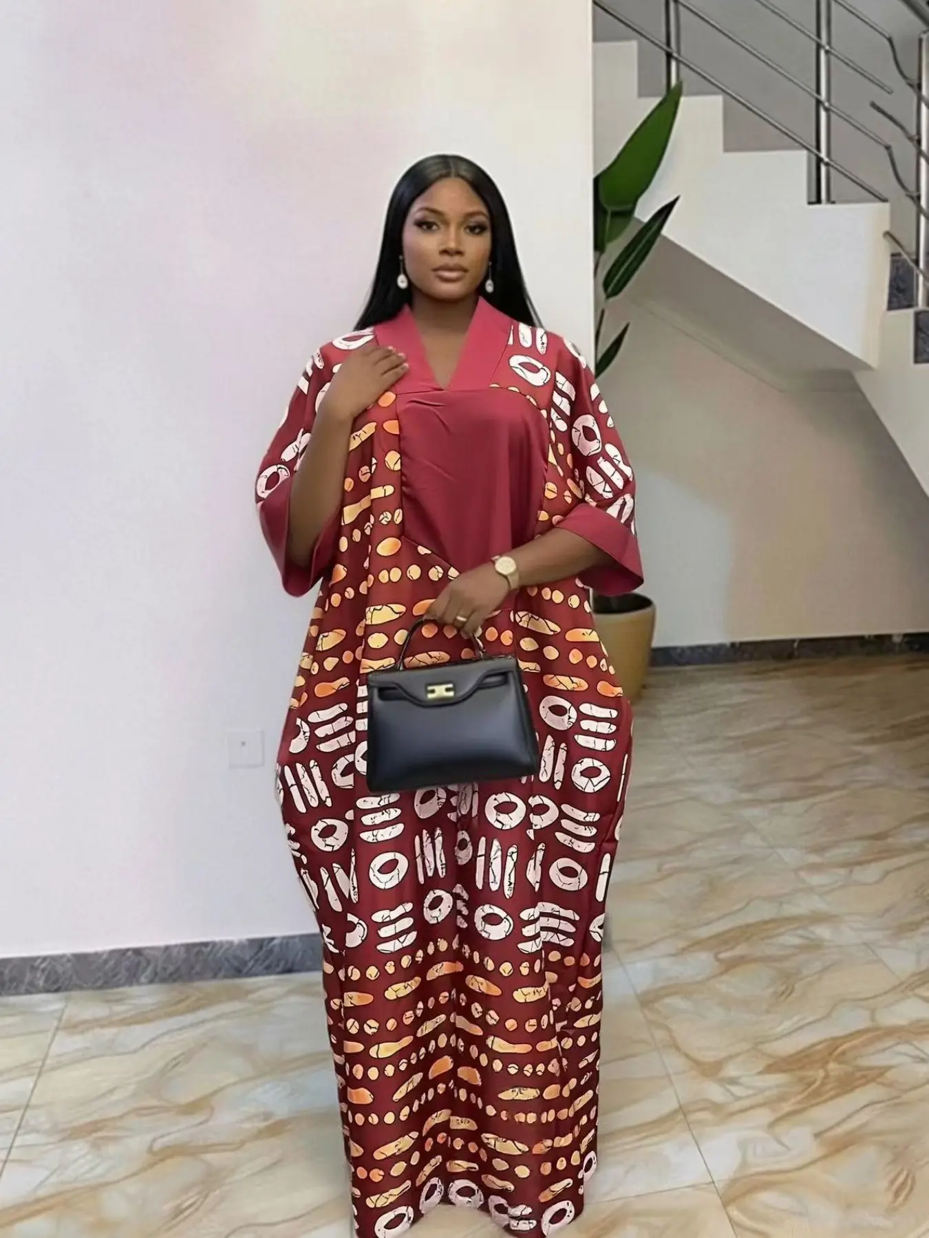 New fashion loose plus-size ethnic boubou kaftan with chest applique print, women's dress for summer, elegant V-neck, short sleeves, breathable for everyday wear, festivals, parties, beach vacations, multi-color robe with scarf 2026