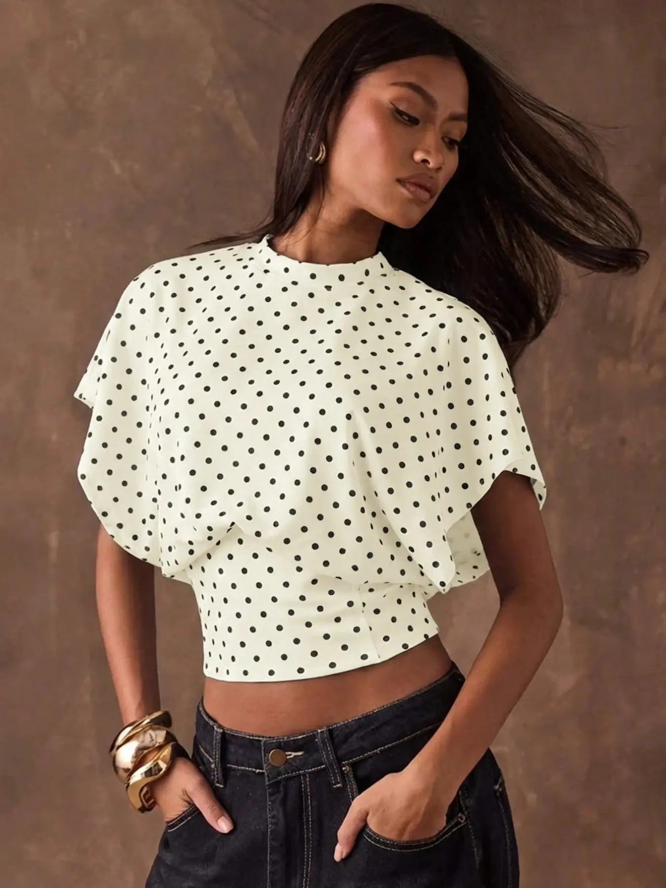 Summer New French Polka Dot Short Sleeve Top, Round Neck Batwing Sleeve Waist Cinch Short Top, Chic Versatile Slim Fit Shirt