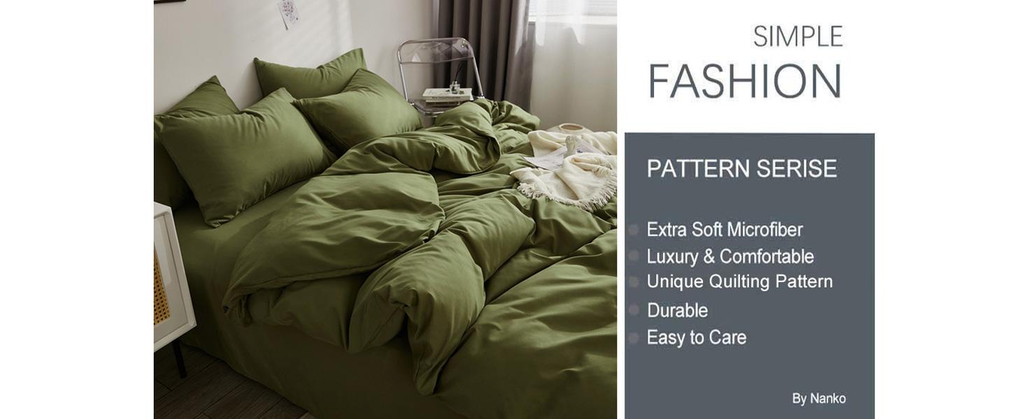 Queen Comforter Set Dark Green, Olive Green Soft Reversible All Season Down Alternative Quilted Duvet Insert, Microfiber Filling, Luxury Quality Bedding Sets in a Bag 3PCs 90x90, Green