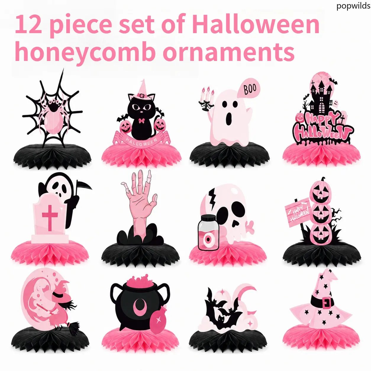 Pink Black Spooky Little Boo Theme MDF+Steel Honeycomb Table Decoration Set, Cute Girls' Halloween Baby Shower Centerpiece, Dining Table Scene Layout Supplies