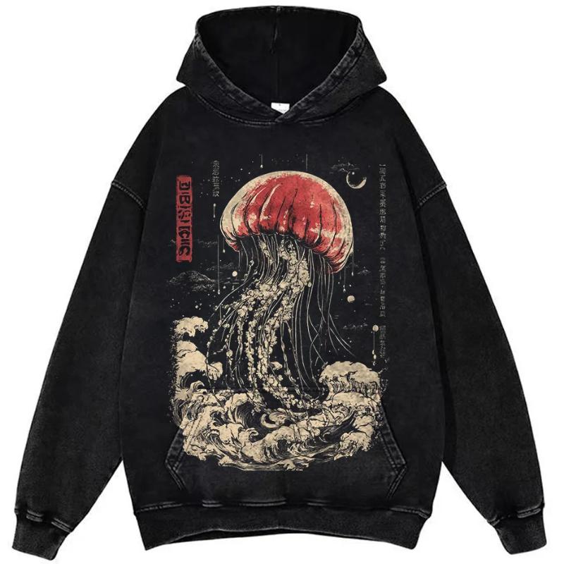 Kyn Apparel Oversize Vintage Man Cotton T-Shirts Swimming Colorful Jellyfish Print Mens Short Sleeve Japanese Harajuku O-Neck Tops All-math