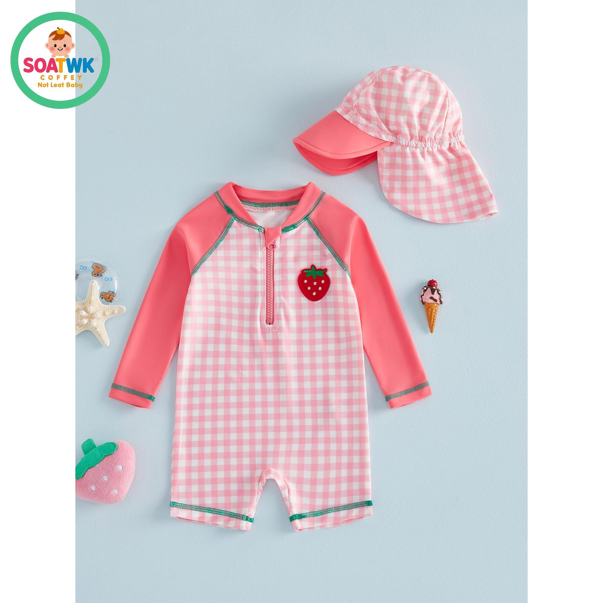 Toddler Girls Rash Guard Swimsuit Playsuits Strawberry Embroidery Plaid Print Long Sleeve Baby Bathing Suit with Sun Hat