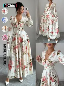 Women's French Style Ruched Cuffs Lantern Sleeves Slimming Floral Print Maxi Dress, Casual Wear for Spring